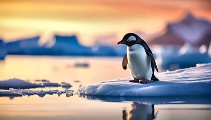 Solitary Penguin on Ice Floe at Sunset, Antarctic Landscape