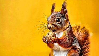 Squirrel Portrait: Holding a Nut, Bright Yellow Background, Detailed Fur Texture