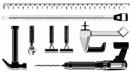 Essential construction tools showcase hammer, drill, razor and other equipment in vector style