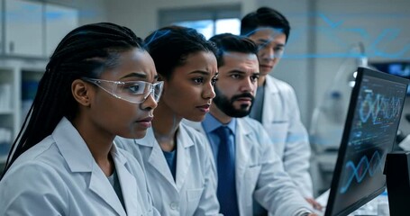 Diverse Team of Scientists Analyzing Data on a Computer Screen in a Modern Laboratory. - Powered by Adobe