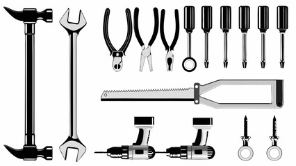 Essential tools for home repair with a hammer, wrench, pliers and hand saw for DIY projects