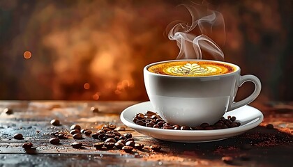 Steaming Cappuccino Art in White Cup with Coffee Beans on Rustic Wood Table