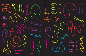 Colorful doodle shapes and symbols scattered across a black background