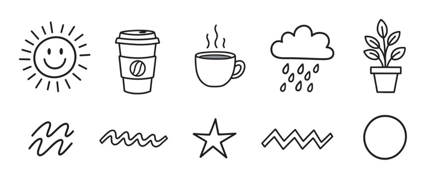 A collection of cute hand-drawn doodle icons in black line art style, featuring a smiling sun, coffee cups, rain cloud, potted plant, star, and abstract shapes isolated on white - Powered by Adobe