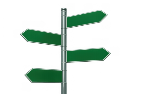Blank green signpost with multiple directional arrows guiding choice and decision making on transparent background - Powered by Adobe