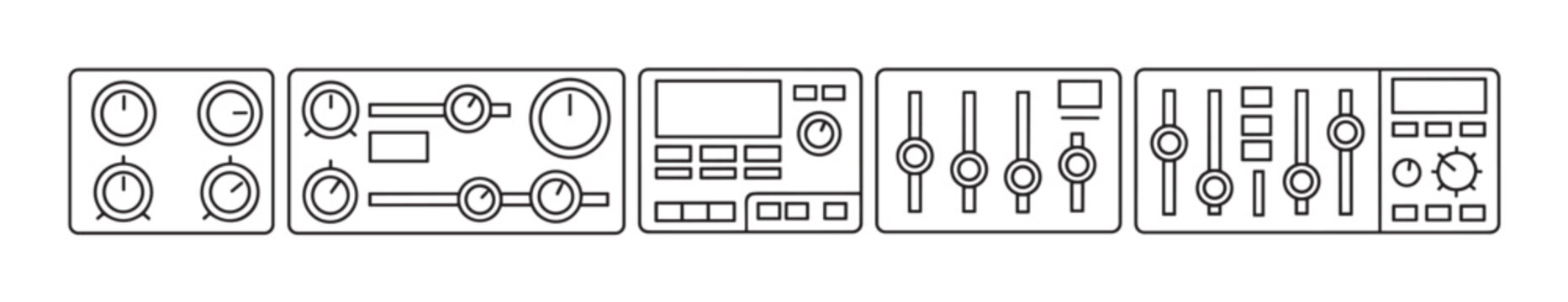 Set of minimalist line art icons representing various technology control panels, audio mixers, and dashboards with adjustment knobs, faders, and buttons isolated on a white background