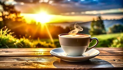 Steaming Coffee Cup at Sunrise: Serene Morning Landscape on Wooden Table