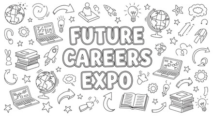 Hand-drawn doodle banner for a future careers expo, with icons of education, technology, and science like laptops, books, globes, and rockets on a white background
