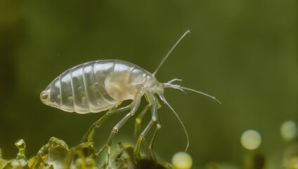 Close-up of a translucent amphipod crustacean on green algae, detailed macro shot.