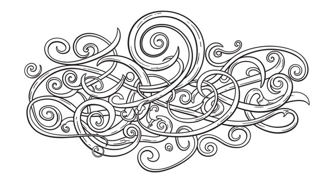 An elegant hand-drawn black line art illustration of an intricate ornamental design with swirling, interlacing lines and spirals on a soft beige background, evoking a classic, vintage feel