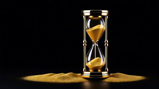 Luxury gold hourglass with sparkling sand on a black background, symbolizing time, elegance, and precision.