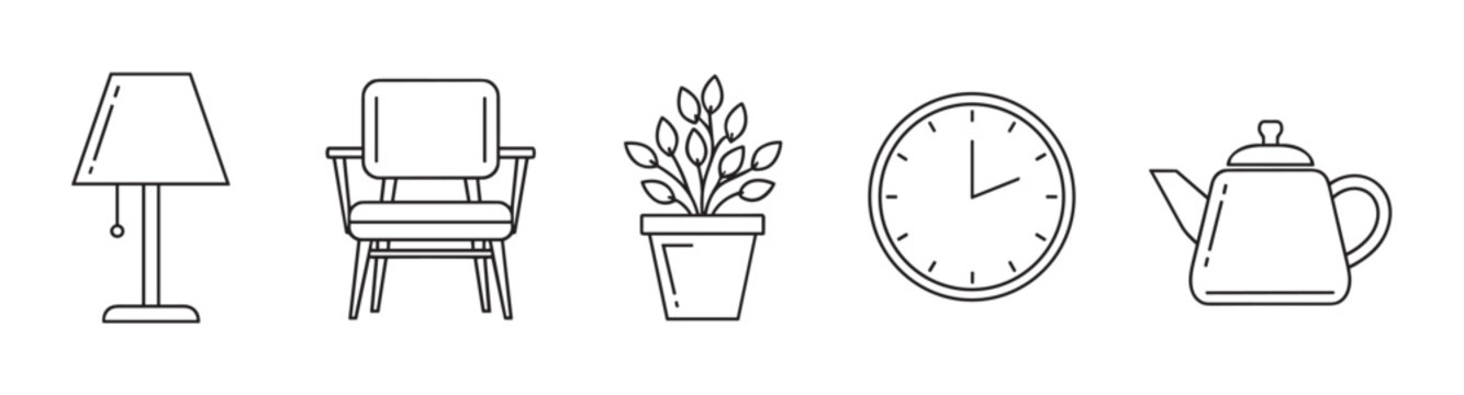 Minimalist collection of home decor and furniture icons, featuring a table lamp, armchair, potted plant, wall clock, and teapot in a clean black line art style isolated on white