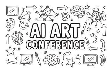 Hand-drawn doodle illustration for a creative technology conference, featuring icons like neural networks, brains, and computers representing the fusion of artificial intelligence and art