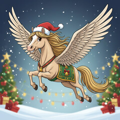 Christmas pegasus flies through snowy wonderland