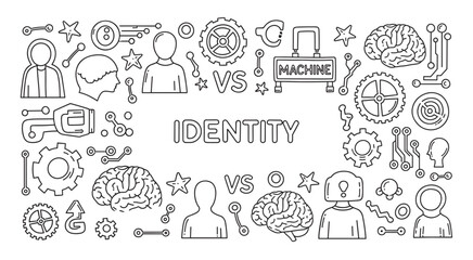Conceptual doodle illustration with icons of brains, gears, and circuits exploring the theme of human versus machine identity in a minimalist black and white line art style