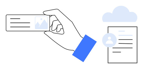 Hand presenting ID card alongside profile document under a cloud icon. Ideal for identity, verification, credentials, digital storage, cloud systems, technology, and innovation. Clean simple flat