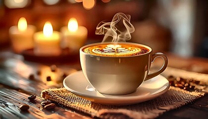 Steaming Latte Art with Candles: Warmth and Comfort Still Life