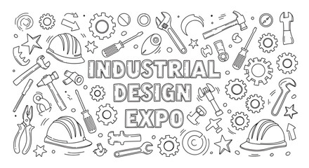 Hand-drawn line art collage of engineering and construction elements like tools, gears, and safety helmets, creating a dynamic industrial design concept illustration