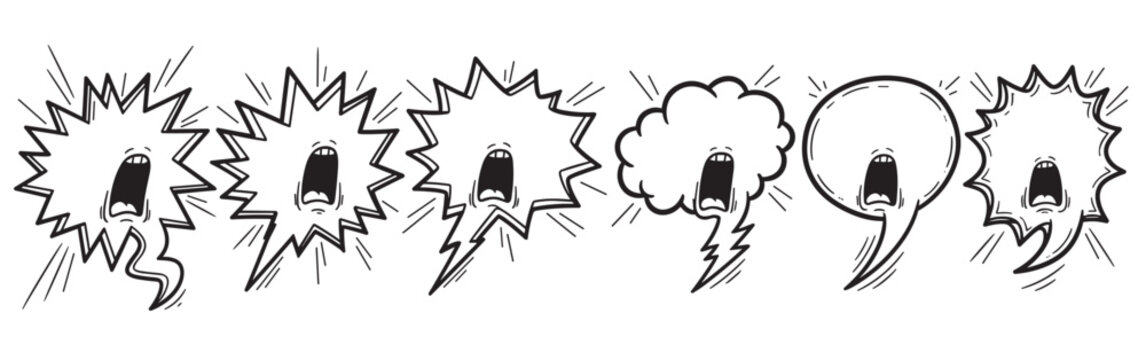 A collection of hand-drawn black and white speech bubbles with screaming faces, expressing anger and frustration in a cartoon doodle style, isolated on a white background