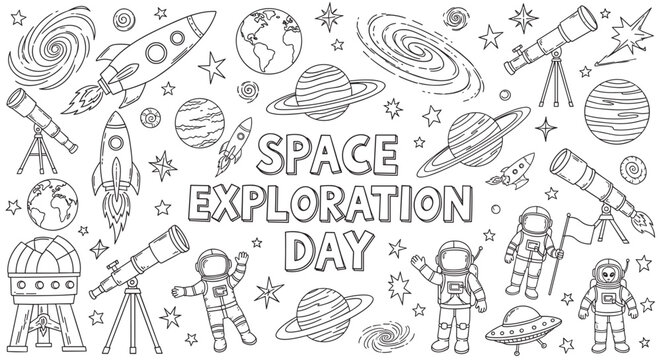 A large collection of hand-drawn space exploration doodles with astronauts, rockets, planets, and telescopes, designed as a black and white line art coloring page for children