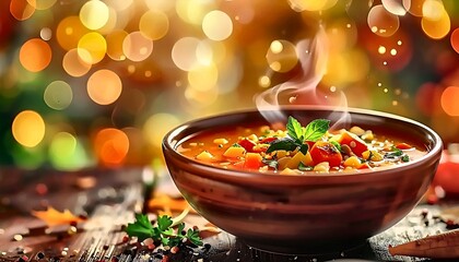 Steaming Vegetable Soup in Rustic Bowl with Bokeh Lights and Autumnal Spices