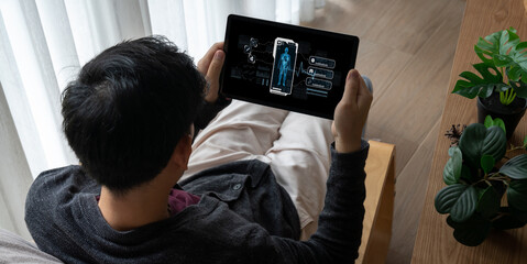 Medical science technology and futuristic healthcare virtual computer software analyze human health and diagnose disease for doctor data and medical research. brisk