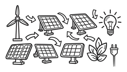 A hand-drawn doodle illustration set showing the process of renewable energy generation from wind turbines and solar panels to create sustainable, green electricity for power