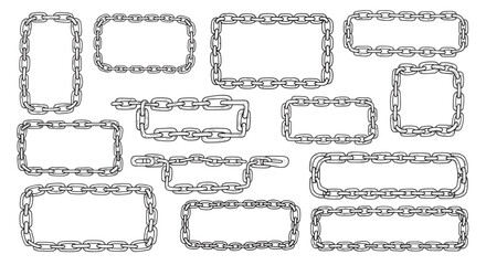A collection of hand-drawn rectangular and square frames made from metal chain links, illustrated in a black and white sketch style and isolated on a plain background