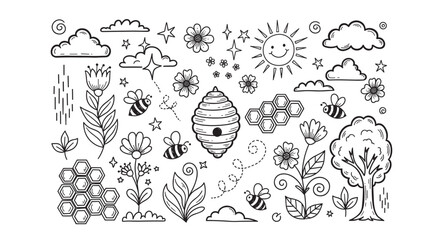 A charming collection of hand-drawn doodle illustrations featuring cute bees, a beehive, honeycombs, flowers, and a smiling sun in a whimsical nature-themed line art set