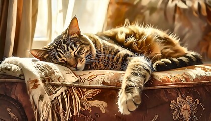 Sun-Drenched Slumber: Tabby Cat Napping Peacefully on Vintage Couch