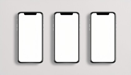 Three Modern Smartphones with Blank White Screens on Light Background