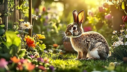 Sunlit Rabbit in a Flower Garden, Springtime Serenity, Warm Glow