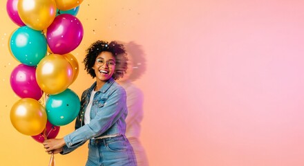 Young woman holding a bunch of colorful balloons, smiling at the camera with a festive backdrop
