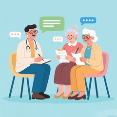 Grandmothers Consult a Doctor Illustrator Artwork Banner Background Design Template 