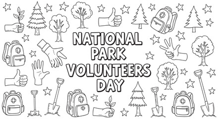 A doodle-style black and white illustration celebrating park volunteering with text, trees, planting hands, backpacks, and shovels, designed as a coloring activity page