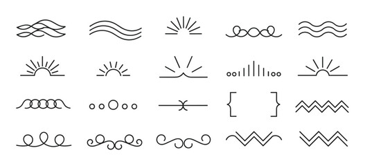 A collection of minimalist black line art icons and decorative dividers, including sun, wave, and swirl motifs, isolated on a clean white background for graphic design
