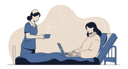 Fototapeta premium Caring Nurse Bringing Comfort To Patient In Bed With Their Laptop Computer