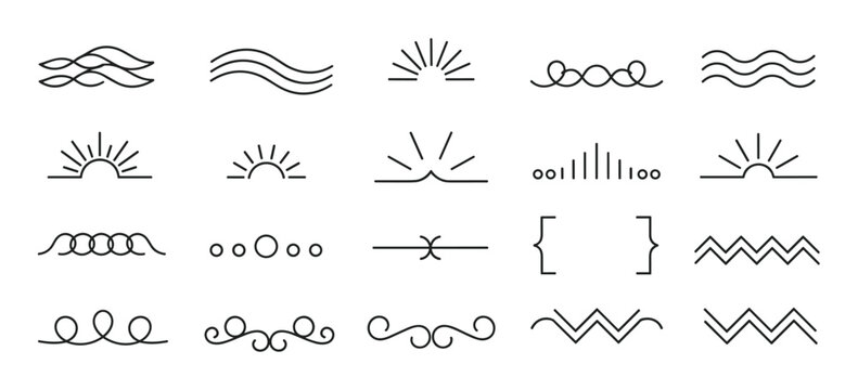 A collection of minimalist black line art icons and decorative dividers, including sun, wave, and swirl motifs, isolated on a clean white background for graphic design