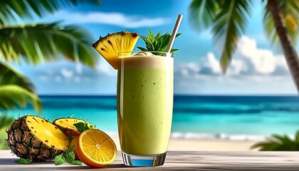 Tropical Green Smoothie with Pineapple and Orange on Beach Backdrop