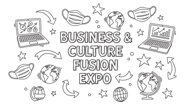Hand-drawn doodle illustration for a global business and culture expo, with icons of laptops, globes, and face masks representing technology, connection, and health safety