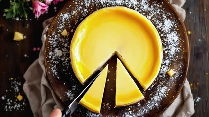 Golden Cheesecake: A close-up, overhead shot of a delectable cheesecake, revealing its creamy, golden surface. A single slice has been expertly removed.