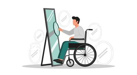 Fototapeta premium Disabled Person Engaged In The Process Of Self reflection Through A Mirror Illustration