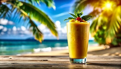 Tropical Mango Smoothie on Beach, Mint Garnish, Sunny Paradise