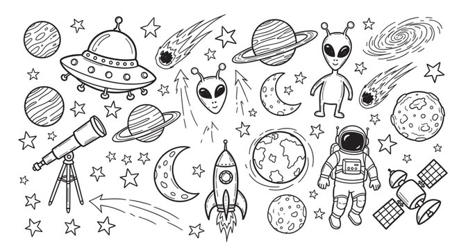 A collection of hand-drawn space-themed doodles including an astronaut, alien, UFO, rocket, and planets in a black line art style on a light background