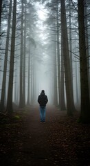 A person standing alone in a dense, foggy forest with tall trees and a mysterious atmosphere, creating a sense of solitude and exploration in nature