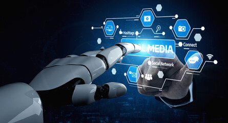 A high-tech robotic hand engages with a virtual social media interface, representing innovation in communication and digital networking in today futuristic landscape. Tessel
