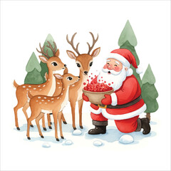 Vector Santa Claus Feeding Deer in Winter Forest Isolated on White Background
