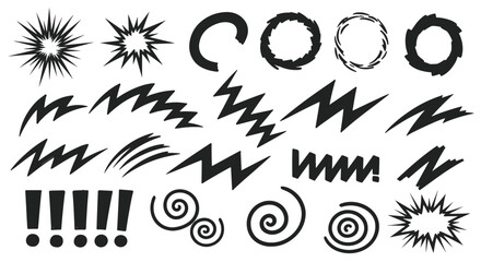 A diverse collection of hand-drawn black comic book action elements, including explosions, lightning bolts, and spirals, isolated on a white background for graphic design