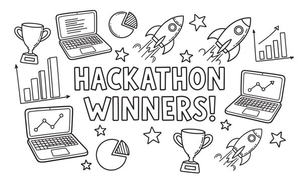A celebratory doodle illustration for hackathon winners, featuring hand-drawn icons of rockets, trophies, laptops, and charts that symbolize success in a coding competition
