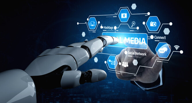 A high-tech robotic hand engages with a virtual social media interface, representing innovation in communication and digital networking in today futuristic landscape. Tessel